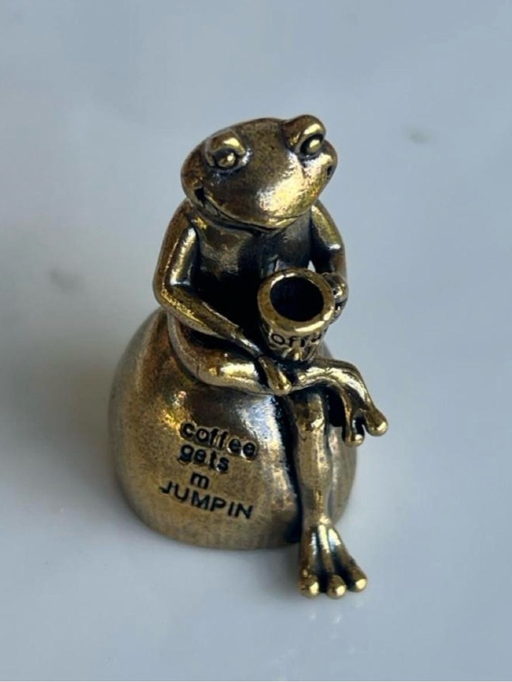 Brass Frog Figurine with Coffee Mug - Decorative  Accent #533
